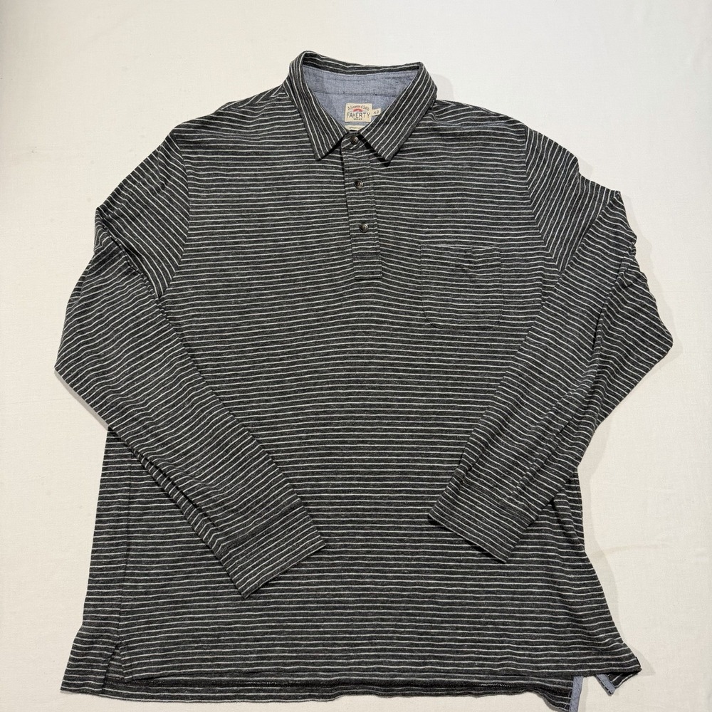 Faherty Brand Mens XL Long Sleeve Striped Polo Shirt Charcoal Gray Pocket